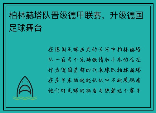 柏林赫塔队晋级德甲联赛，升级德国足球舞台